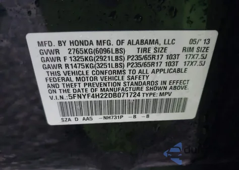 2013 Honda Pilot Lx z USA, uszkodzony, nr VIN 5FNYF4H22DB071724